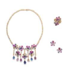 BULGARI MULTI-GEM 'SAPPHIRE FLOWER' NECKLACE, EARRING AND RING SUITE