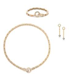 CARTIER DIAMOND, CULTURED PEARL AND GOLD NECKLACE, BRACELET AND EARRING SUITE