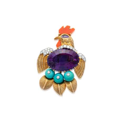 CARTIER PARIS RETRO AMETHYST, CORAL, TURQUOISE AND DIAMOND BROOCH - фото 1