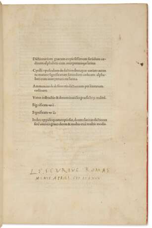 CRASTONUS, Johannes (c. 1425 – 1498 ?)-[Pseudo- Cyrillus [Johannes PHILOPONUS (c. 475 – apr 568)]]- [AMMONIUS GRAMMATICUS (IVe si&#232;cle) ou HERENNIUS PHILO]- Aldus MANUTIUS (1449-1515). - Foto 1