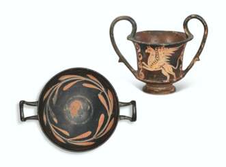 AN APULIAN XENON WARE STEMLESS KYLIX AND A KANTHAROS