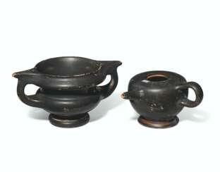 AN ATTIC BLACK GLAZED KANTHAROS AND FEEDER FLASK