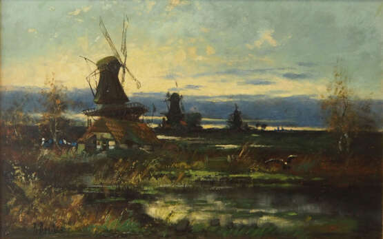 Niederländische Landschaftsmalerei mit Windmühlen. - Foto 1