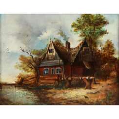MALER des 20. Jahrhundert , "Haus am Fluss", romantische Landschaft,