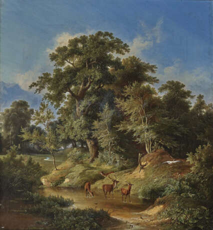 Baumlandschaft mit Rehen und auffliegendem Reiher - фото 1