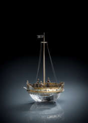 Kleines Modellschiff aus Silber und Bergkristall
