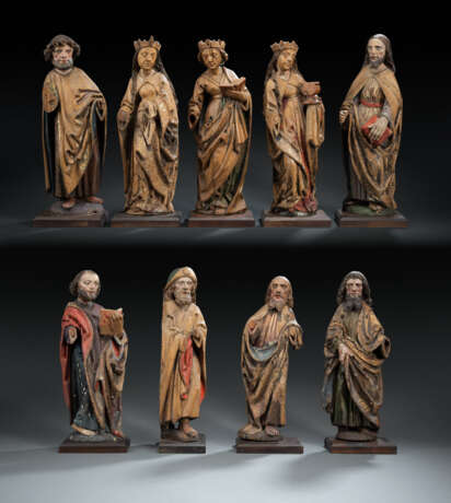 Bedeutende Spätgotische Gruppe von sechs Aposteln und drei weiblichen Heiligen - фото 1
