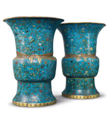 A VERY RARE AND LARGE PAIR OF CLOISONNE ENAMEL ZUN-FORM VASES