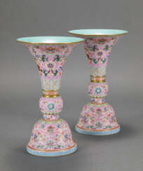 A PAIR OF FAMILLE ROSE PINK-GROUND GU-FORM VASES