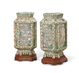 AN UNUSUAL PAIR OF PAINTED ENAMEL AND MOTHER-OF-PEARL LANTERNS