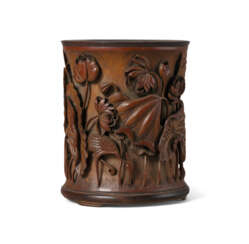 A FINELY CARVED BAMBOO ‘LOTUS POND’ BRUSH POT