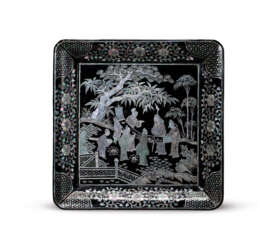 A MOTHER-OF-PEARL INLAID BLACK LACQUER SQUARE TRAY