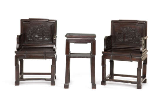 A SET OF FOUR CARVED HARDWOOD ARMCHAIRS AND TWO SQUARE SIDE TABLES - photo 1
