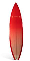 A RED MONOCHROME CARBON FIBER SURF BOARD