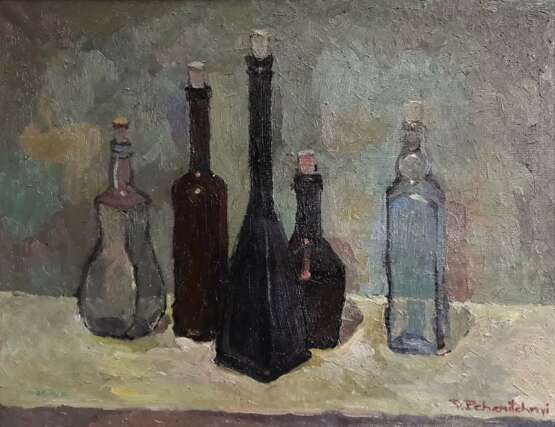 бутылки на сером Социалистический реализм Натюрморт 1997 г. - фото 1