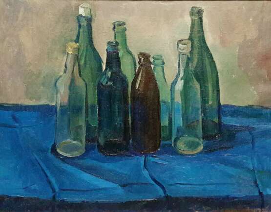 бутылки на синем Socialist realism Still life 1988 - photo 1