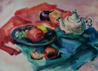 Bright still life with fruits and a teapot
