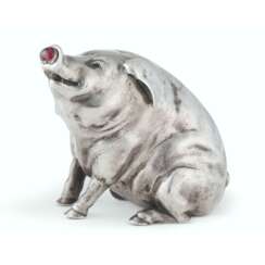 A GEM-SET SILVER BELL-PUSH IN THE FORM OF A PIG