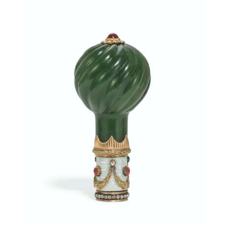 A JEWELLED AND GUILLOCH&#201; ENAMEL TWO-COLOUR GOLD-MOUNTED NEPHRITE PARASOL HANDLE - photo 1