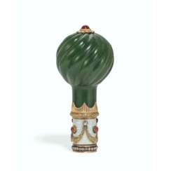 A JEWELLED AND GUILLOCH&#201; ENAMEL TWO-COLOUR GOLD-MOUNTED NEPHRITE PARASOL HANDLE