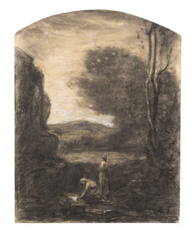 "Donne al fiume" | disegno a biacca e carboncino su carta (cm 44,5x33,5) | Siglato in basso a destra | In cornice - Foto 1