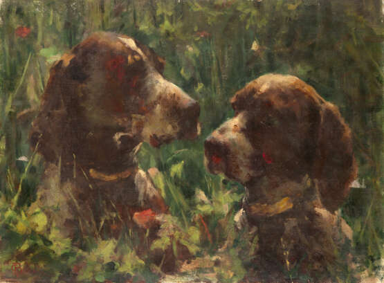 "Cani a caccia" | olio su tela (cm 48x66) | Firmato in basso a sinistra | Al retro: tracce di cartiglio | In cornice - Foto 1
