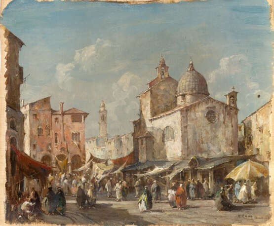 "Mercato a San Giacomo di Rialto" | olio su tela applicata a compensato (cm 27x32) | Firmato in basso a destra | In cornice - фото 1