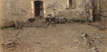 "Il cortile" '99 | olio su tavola (cm 29x59) | Firmato e datato in basso a sinistra | In cornice