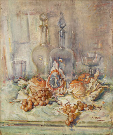 "Composizione con frutta e bottiglie" '53 | olio su tela (cm 78x65) | Firmato e datato in basso a destra | In cornice | (difetti) - фото 1