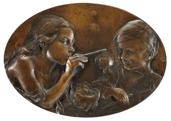"Bolle di sapone" | bassorilievo in bronzo montato su pannello di legno (cm 24x34) | Siglato a destra
