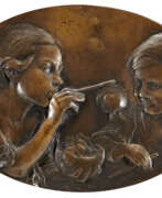 Camillo Rapetti. "Bolle di sapone" | bassorilievo in bronzo montato su pannello di legno (cm 24x34) | Siglato a destra