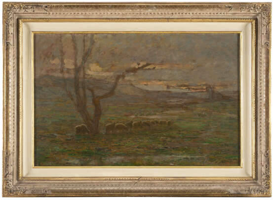 "Il gregge" | olio su cartone pressato (cm 45x70) | Firmato in basso a destra | Al retro: dedicato e datato 19 maggio 1910 | In cornice - photo 2