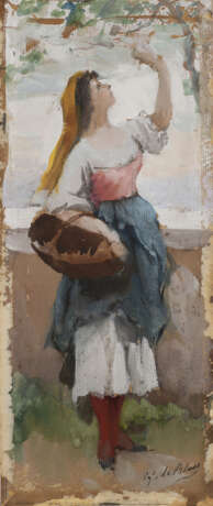 "La raccoglitrice di uva" | olio su cartoncino (cm 26x11) | Firmato in basso a destra | In cornice - Foto 1