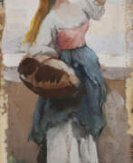 Eugene de Blaas. "La raccoglitrice di uva" | olio su cartoncino (cm 26x11) | Firmato in basso a destra | In cornice