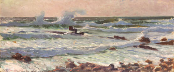 "Marina" 1927 | olio su tela applicato a tavola (cm 24x58) | Firmato e datato in basso a sinistra | In cornice | (difetti) - Foto 1