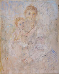 "Maternità" 1959 | olio su compensato (cm 25x20) | Firmato e datato in basso a destra | Al retro: studio per "Crocefissione"; firmato in basso a destra | In cornice