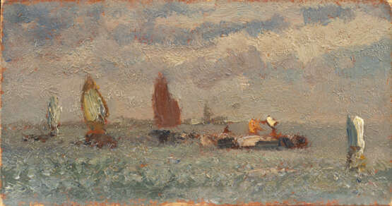 "Barche in laguna" | olio su cartone (cm 8,5x16) | Al retro: firmato | In cornice - photo 1