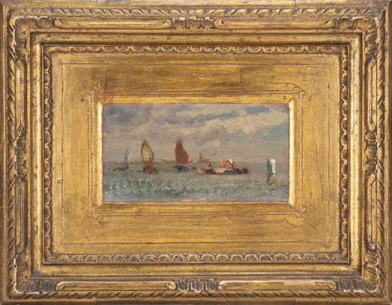 "Barche in laguna" | olio su cartone (cm 8,5x16) | Al retro: firmato | In cornice - Foto 2
