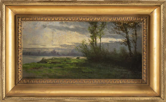 "Paesaggio lacustre" | olio su tavola (cm 20x40) | Firmato in basso a destra | Al retro: siglato; timbro in ceralacca | In cornice - фото 2