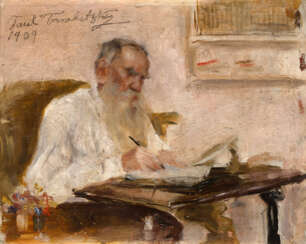 "Ritratto di Tolstoj" 1909 | olio su tavola (cm 21x26) | Firmato e datato in alto a sinistra | In cornice