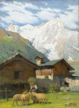 "Pascolo sotto il Monte Rosa" | olio su tavola (cm 45x33) | Firmato in basso a destra | Al retro: timbro e cartiglio del pittore | In cornice - photo 1