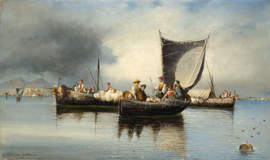 "Pescatori nel Golfo di Napoli" 1888 | olio su tela (cm 36x61) | Firmato, locato Napoli e datato in basso a sinistra | In cornice - Foto 1
