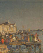 Beppe Ciardi. "Pontile a Venezia (Canale della Giudecca)" 1919 | olio su cartone (cm 15,5x23) | Firmato in basso a sinistra | Al retro: firmato, datato e titolato | In cornice
