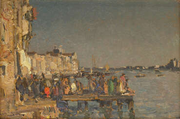 "Pontile a Venezia (Canale della Giudecca)" 1919 | olio su cartone (cm 15,5x23) | Firmato in basso a sinistra | Al retro: firmato, datato e titolato | In cornice