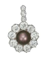 THE ROCKEFELLER PEARL
A FINE GILLOT &amp; CO. ANTIQUE NATURAL PEARL AND DIAMOND PENDANT