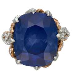 CARVIN FRENCH SAPPHIRE, COLORED DIAMOND AND DIAMOND RING