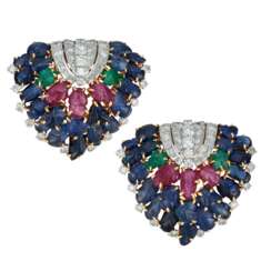 CARTIER RETRO PAIR OF DIAMOND AND MULTI-GEM &#39;TUTTI FRUTTI&#39; CLIP-BROOCHES