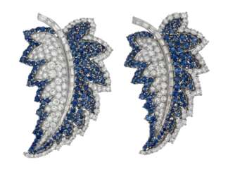 VAN CLEEF &amp; ARPELS PAIR OF SAPPHIRE AND DIAMOND LEAF CLIP-BROOCHES