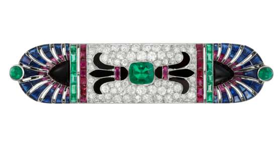 AN EXQUISITE CARTIER ART DECO MULTI-GEM AND DIAMOND EGYPTIAN REVIVAL BROOCH - фото 1