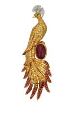 CARTIER COLORED DIAMOND, RUBY AND EMERALD PEACOCK BROOCH